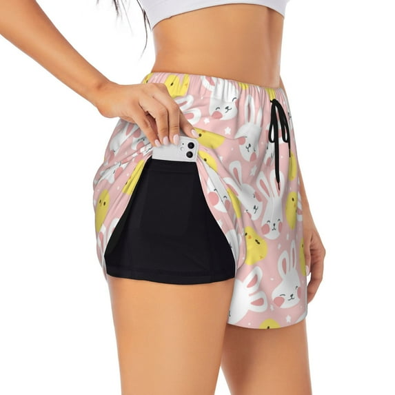 Goofa Rabbit And Chick Printed Women 2 in 1 Running Shorts,Quick Dry Athletic Workout Shorts,High Waisted Athletic Shorts with Liner Pockets-Large