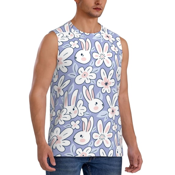 Goofa Rabbit And Floral Printed Men's Sleeveless T-Shirt - Athletic Gym Workout Tank Top for Men - Moisture-Wicking, UPF 30+ Quick-Dry Muscle Tee-XX-Large