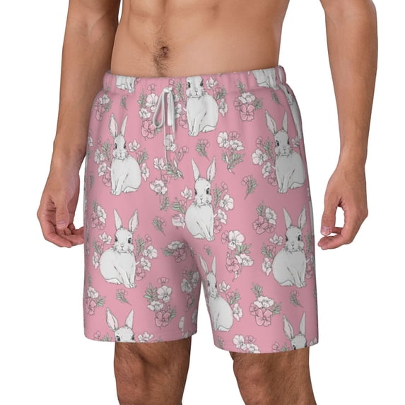 Goofa Rabbit And Flower Printed Men's Swim Trunks Board Shorts Quick Dry Mens Swimming Trunks with Compression Liner,Breathable Fit Hawaii Beach Shorts-X-Large