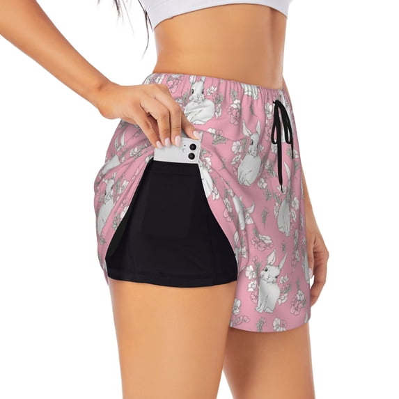 Goofa Rabbit And Flower Printed Women 2 in 1 Running Shorts,Quick Dry Athletic Workout Shorts,High Waisted Athletic Shorts with Liner Pockets-Large
