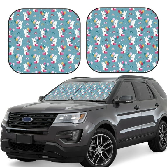 Goofa Rabbit And Rainbow Pattern 2 Piece Car Windshield Sun Shade Foldable | Front Windshield Shade for Sun, Heat and UV Rays | Sunshade for Car Front Window-Small