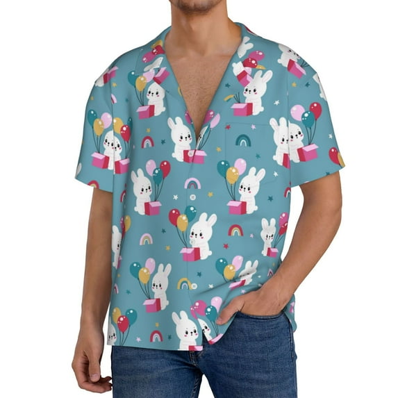 Goofa Rabbit And Rainbow Printed Men's Casual Short-sleeved Shirt,Lightweight Breathable Button-down,Summer Casual men's top,Versatile Fashion shirt-
