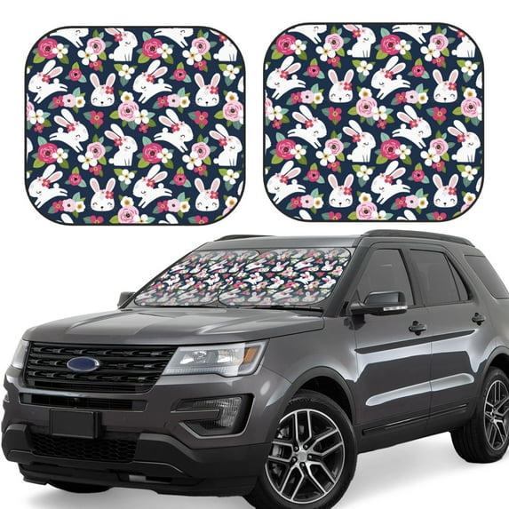 Goofa Rabbit And Rose Pattern 2 Piece Car Windshield Sun Shade Foldable | Front Windshield Shade for Sun, Heat and UV Rays | Sunshade for Car Front Window-Small