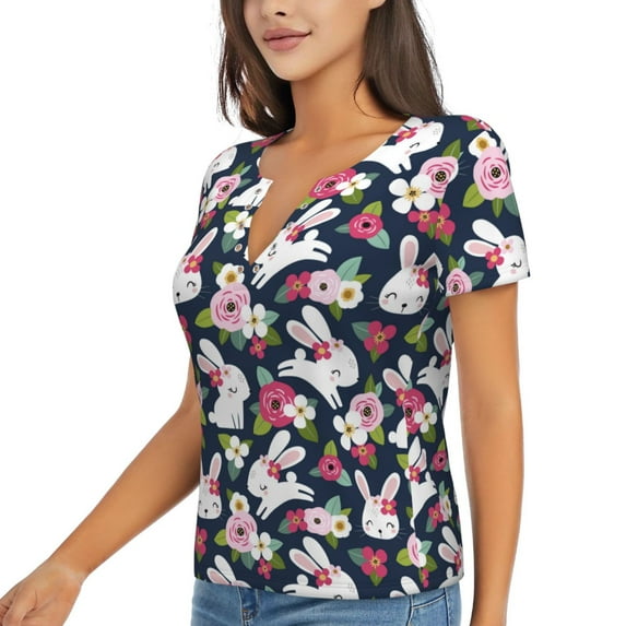 Goofa Rabbit And Rose Pattern Womens Deep V Neck Low Cut Tops Casual Summer Short Sleeve Ribbed Knit T-Shirts-XX-Large