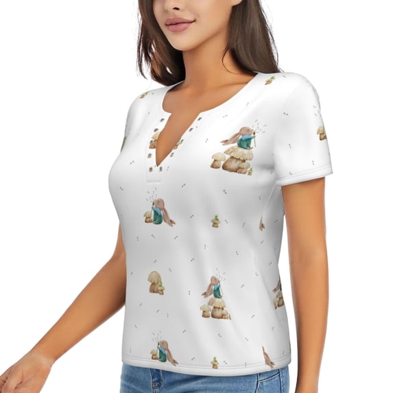 Goofa Rabbit Blowing Dandelions Pattern Womens Deep V Neck Low Cut Tops Casual Summer Short Sleeve Ribbed Knit T-Shirts-Small