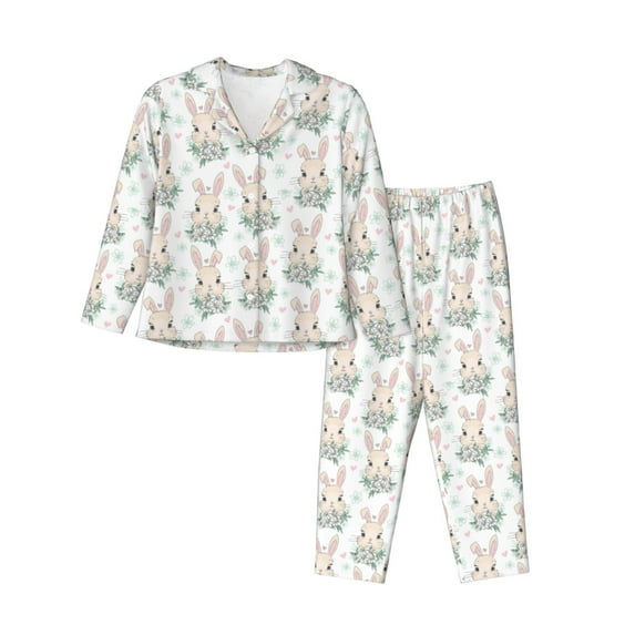 Goofa Rabbit And Flower Printed Women’s 2 Piece Pajama Set Super,Pajamas Women's Long Sleeve Sleepwear Soft Button Down Loungewear Pjs Lounge Set Nightwear-Small