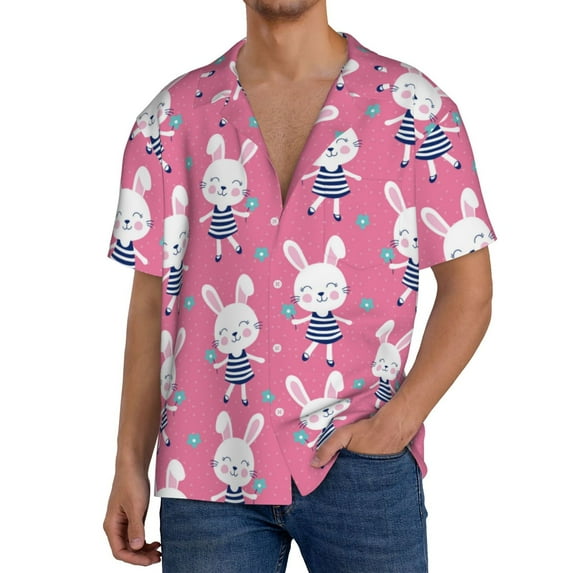Goofa Rabbit Holding Flowers Printed Men's Casual Short-sleeved Shirt,Lightweight Breathable Button-down,Summer Casual men's top,Versatile Fashion shirt-4X-Large