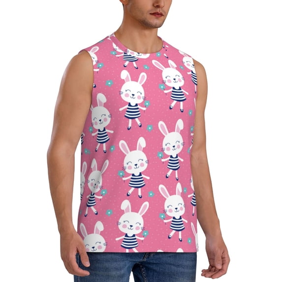 Goofa Rabbit Holding Flowers Printed Men's Sleeveless T-Shirt - Athletic Gym Workout Tank Top for Men - Moisture-Wicking, UPF 30+ Quick-Dry Muscle Tee-