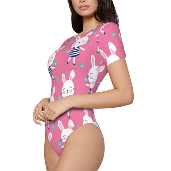 Goofa Rabbit Holding Flowers Printed Women Rash Guard Short Sleeve,Tummy control Swimsuit Surfing Swimsuit Bathing Suit One Piece Swimsuit UPF 50-Large