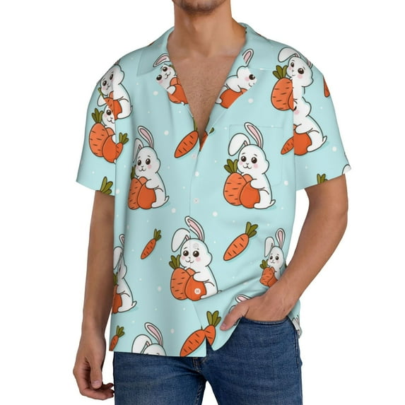 Goofa Rabbit Is Eating Carrots Printed Men's Casual Short-sleeved Shirt,Lightweight Breathable Button-down,Summer Casual men's top,Versatile Fashion shirt-Medium