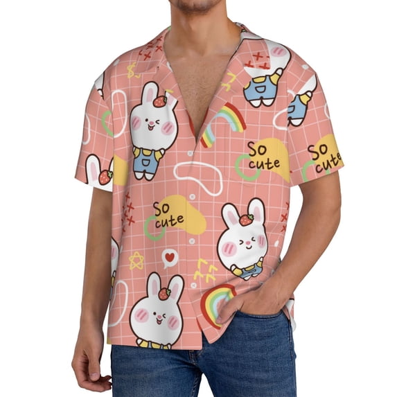 Goofa Rabbit So Cute Printed Men's Casual Short-sleeved Shirt,Lightweight Breathable Button-down,Summer Casual men's top,Versatile Fashion shirt-Medium