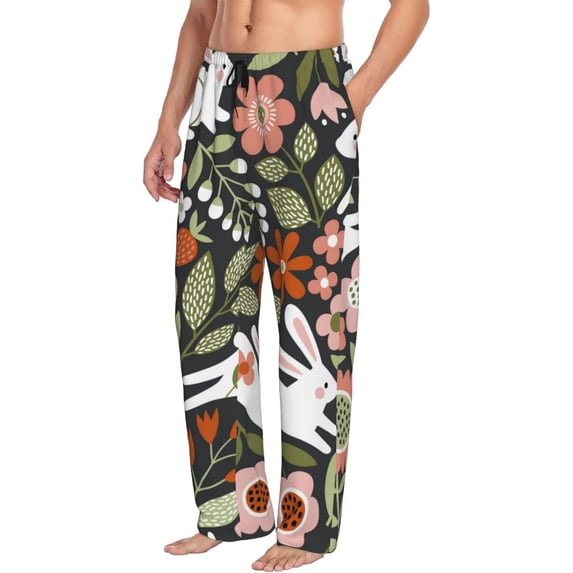Goofa Rabbits on Floral Printed Soft Pajama Pants for Men, Wide Leg Comfy Casual Lounge Yoga Pants-