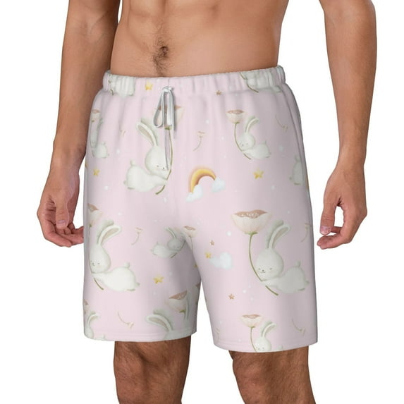 Goofa Rainboe And Rabbit Printed Men's Swim Trunks Board Shorts Quick Dry Mens Swimming Trunks with Compression Liner,Breathable Fit Hawaii Beach Shorts-X-Large