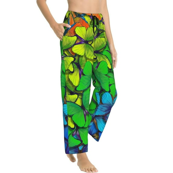 Goofa Rainbow Butterflies Printed Soft Pajama Pants for Women, Wide Leg Comfy Casual Lounge Yoga Pants-Small