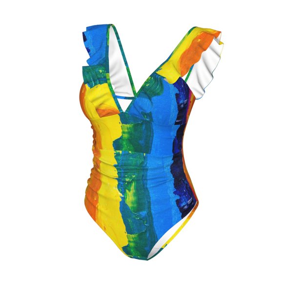 Goofa Rainbow Colored Print Women's Ruffled One Piece Swimsuit V Neck