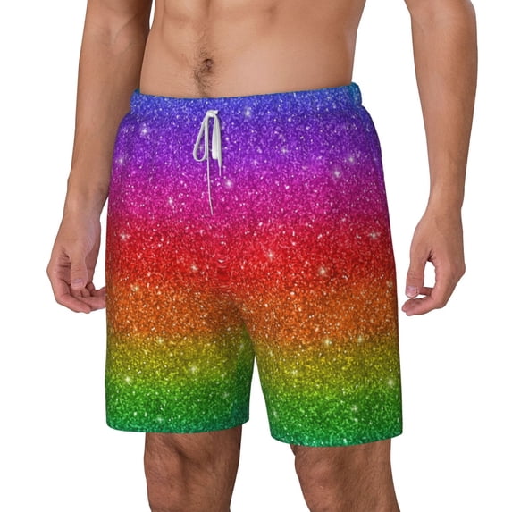Goofa Rainbow Glitter Printed Men's Swim Trunks Board Shorts Quick Dry Mens Swimming Trunks with Compression Liner,Breathable Fit Hawaii Beach Shorts-Large