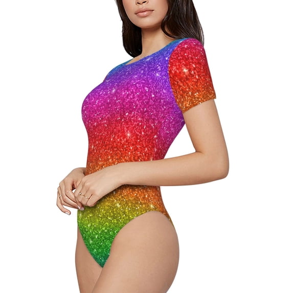 Goofa Rainbow Glitter Printed Women Rash Guard Short Sleeve,Tummy control Swimsuit Surfing Swimsuit Bathing Suit One Piece Swimsuit UPF 50-