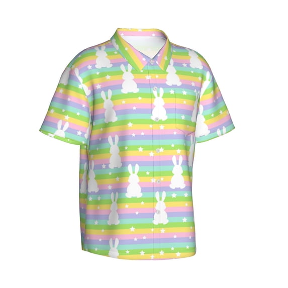 Goofa Rainbow Rabbit Hawaiian Shirt for Men, Unisex Summer Beach Casual Short Sleeve Button Down Shirts,Aloha Tropical Floral print shirt-Large