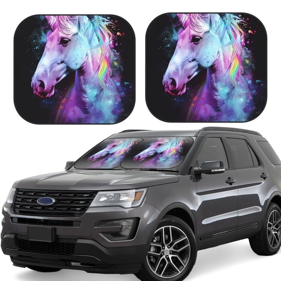 Goofa Rainbow Spotted White Horse Pattern 2 Piece Car Windshield Sun Shade Foldable | Front Windshield Shade for Sun, Heat and UV Rays | Sunshade for Car Front Window-Large