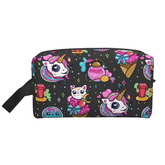 Goofa Rainbow Unicorn And Cat Icecream Printed Toiletry Bag with Handle,Large Capacity Travel Makeup Cosmetic Bag for Women, Carry on Airport Airline Compliant Bag