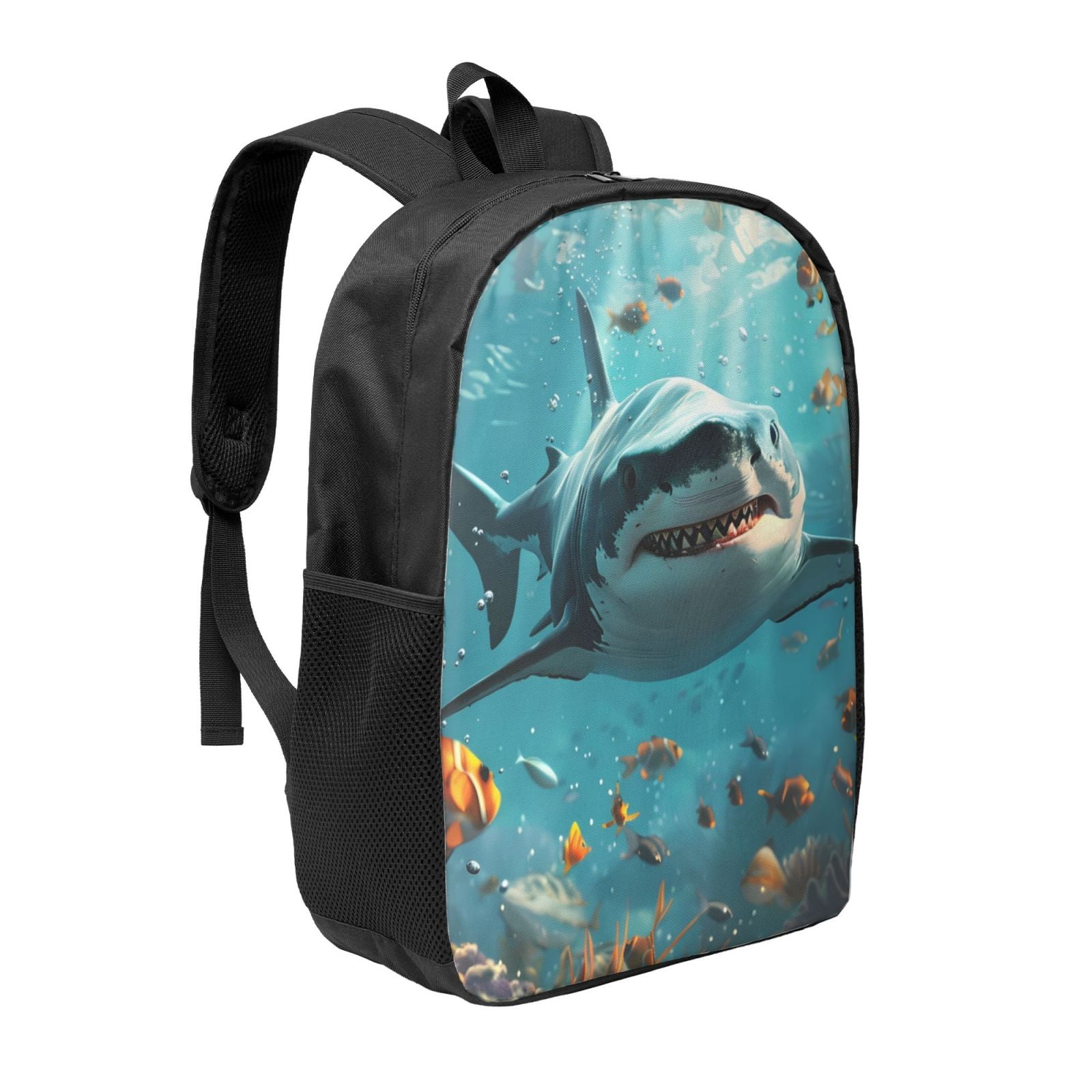 Trendy Shark Print School Backpack For Teens - Felt & Polyester Bag With Laptop Compartment - View #5