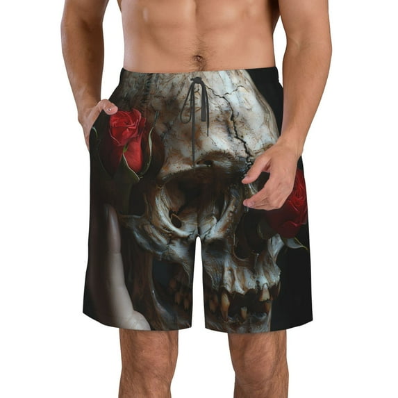 Goofa Realistic Rose Skull Printed Mens Swim Trunks Summer Quick Dry Short Beach Swimwear Bathing Suits-Large