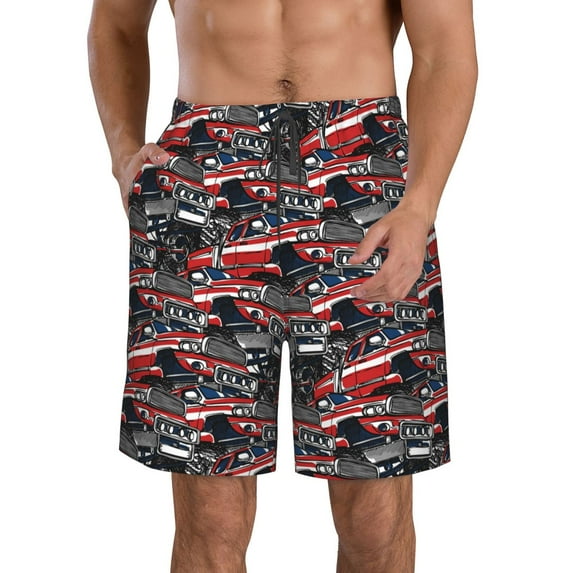 Goofa Red And Blue Cars Printed Mens Swim Trunks Summer Quick Dry Short Beach Swimwear Bathing Suits-Medium