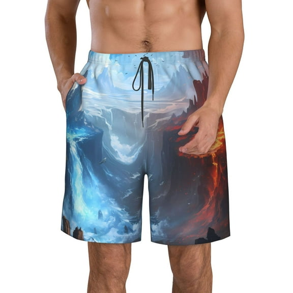 Goofa Red And Blue Fire Mountains Printed Mens Swim Trunks Summer Quick Dry Short Beach Swimwear Bathing Suits-XX-Large