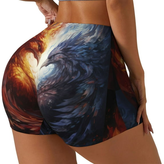 Goofa Red And White Fire Bird Printed Workout Shorts Women Seamless Scrunch Butt Lifting High Waisted Gym Booty Shorts Elastic Workout Shorts-Medium