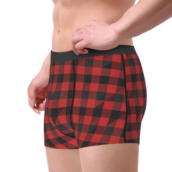 Goofa Red Black Plaid Printed Men's Boxer Briefs Underwear, Moisture-Wicking Underwear, Trunk,Soft and Breathable Cotton Underwear-Medium