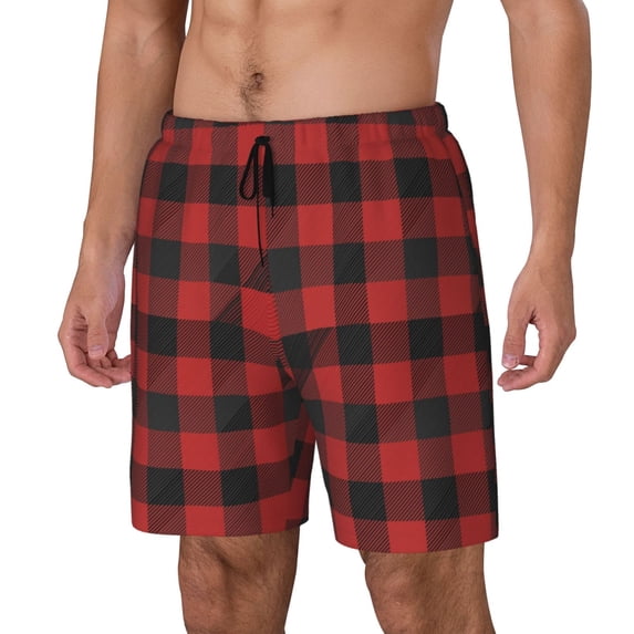 Goofa Red Black Plaid Printed Men's Swim Trunks Board Shorts Quick Dry Mens Swimming Trunks with Compression Liner,Breathable Fit Hawaii Beach Shorts-XX-Large