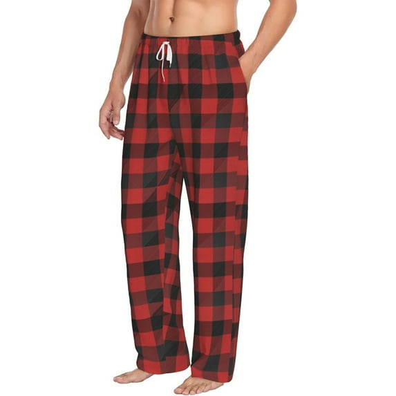 Goofa Red Black Plaid Printed Soft Pajama Pants for Men, Wide Leg Comfy Casual Lounge Yoga Pants-Large