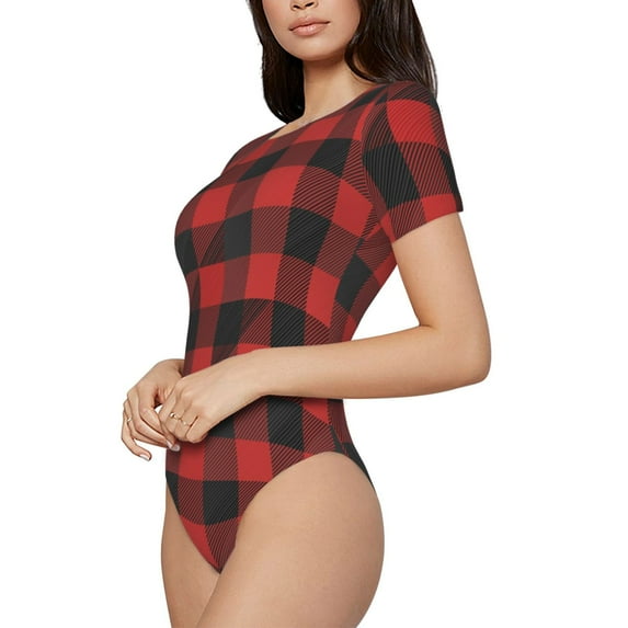 Goofa Red Black Plaid Printed Women Rash Guard Short Sleeve,Tummy control Swimsuit Surfing Swimsuit Bathing Suit One Piece Swimsuit UPF 50-Large