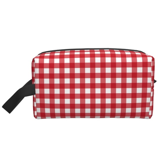 Goofa Red Checkboard Printed Toiletry Bag with Handle,Large Capacity Travel Makeup Cosmetic Bag for Women, Carry on Airport Airline Compliant Bag