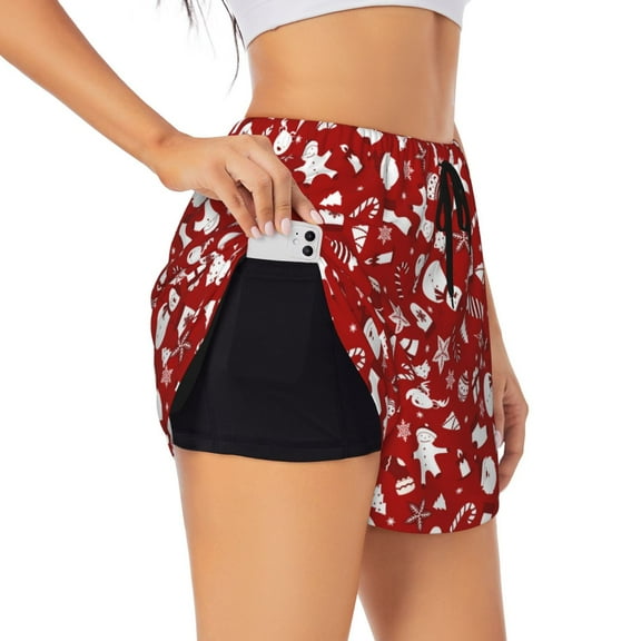 Goofa Red Christmas Cheer. Printed Women 2 in 1 Running Shorts,Quick Dry Athletic Workout Shorts,High Waisted Athletic Shorts with Liner Pockets-X-Large
