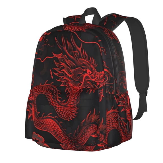 Goofa Red Dragon On Black Pattern Backpack for Students – Large Capacity, Lightweight with Adjustable Shoulder Straps, Perfect for School, Travel