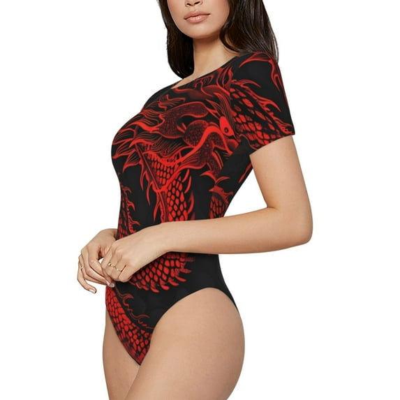 Goofa Red Dragon On Black Printed Women Rash Guard Short Sleeve,Tummy control Swimsuit Surfing Swimsuit Bathing Suit One Piece Swimsuit UPF 50-Large