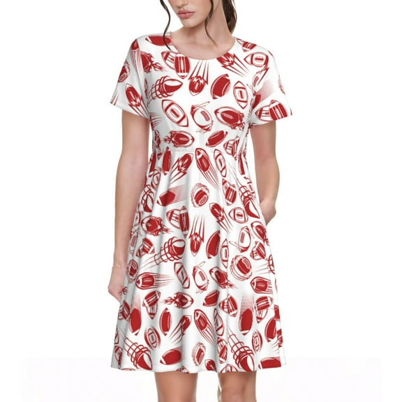 Goofa Red Football Pattern Women Summer Short Sleeve Midi Dress with Pockets Casual Aline Flowy Tshirt Dress Vocation Beach Sundress