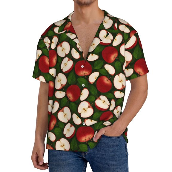 Goofa Red Fruit Printed Men's Casual Short-sleeved Shirt,Lightweight Breathable Button-down,Summer Casual men's top,Versatile Fashion shirt-3X-Large