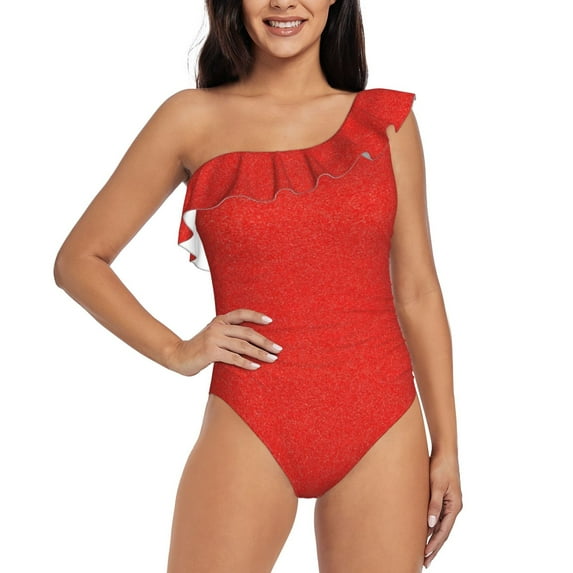 Goofa Red Glitter Pattern Women's One Piece Swimsuits Tummy Control Bathing Suits Asymmetric One Shoulder Swimwear-X-Large