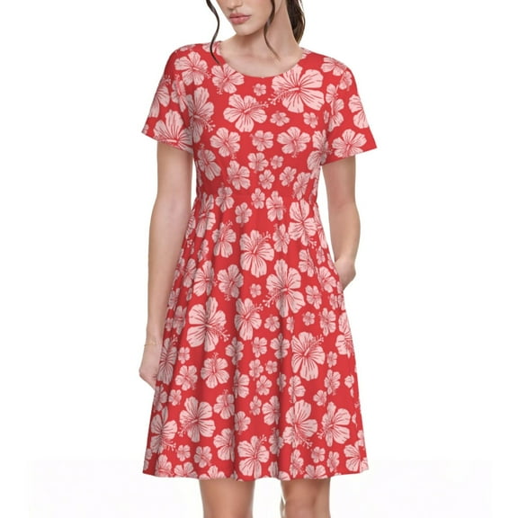 Goofa Red Hibiscus Flower Pattern Women Summer Short Sleeve Midi Dress with Pockets Casual Aline Flowy Tshirt Dress Vocation Beach Sundress