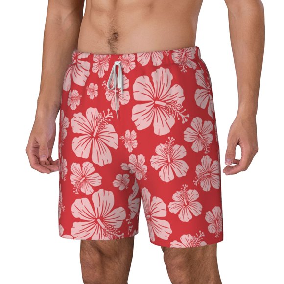 Goofa Red Hibiscus Flower Printed Men's Swim Trunks Board Shorts Quick Dry Mens Swimming Trunks with Compression Liner,Breathable Fit Hawaii Beach Shorts-Medium