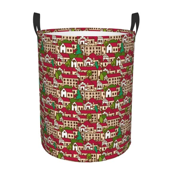 Goofa Red Houses Printed Circular Hamper,Laundry Basket with Handles,Storage Baskets Foldable,Large Capacity Laundry Hamper-Medium