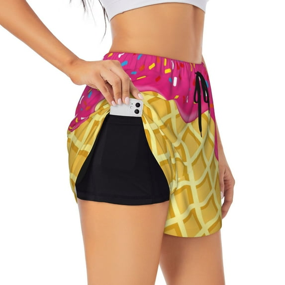Goofa Red Ice Cream Printed Women 2 in 1 Running Shorts,Quick Dry Athletic Workout Shorts,High Waisted Athletic Shorts with Liner Pockets-XX-Large