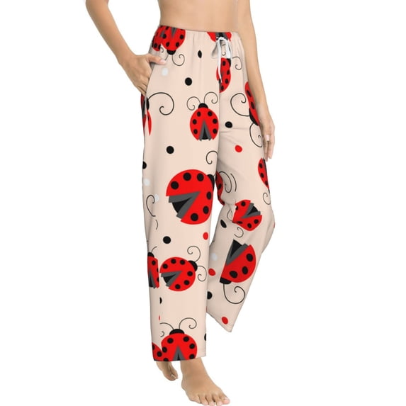 Goofa Red Ladybug Printed Soft Pajama Pants for Women, Wide Leg Comfy Casual Lounge Yoga Pants-Small