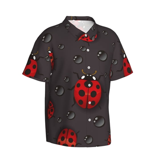 Goofa Red Ladybugs Hawaiian Shirt for Men, Unisex Summer Beach Casual Short Sleeve Button Down Shirts,Aloha Tropical Floral print shirt-3X-Large