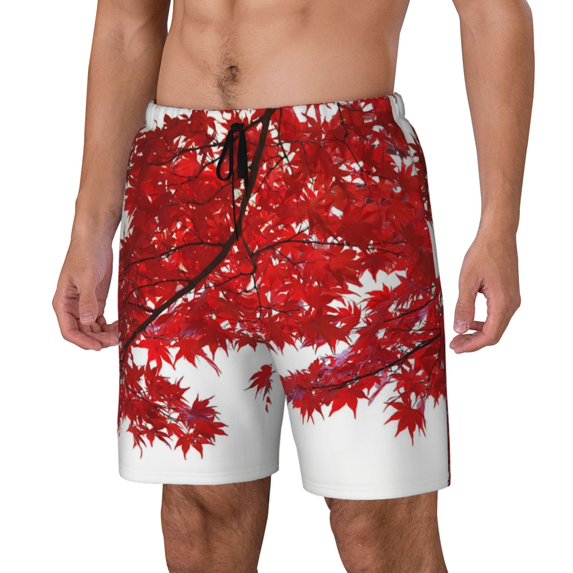Goofa Red Maple Leaf Printed Men's Swim Trunks Board Shorts Quick Dry Mens Swimming Trunks with Compression Liner,Breathable Fit Hawaii Beach Shorts-3X-Large