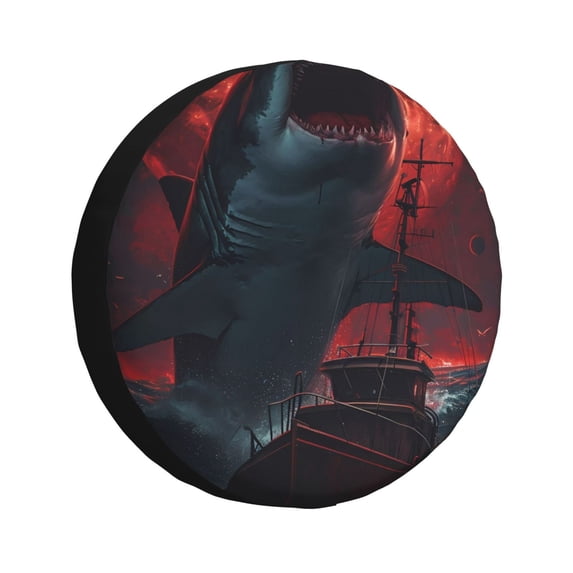 Goofa Red Moon Shark Sailboat Pattern Universal Tire Cover for Jeep, SUV, Truck, and Trailer – Waterproof, UV-Resistant,Easy to Install, Fits 14"-17" Tires-17 inch