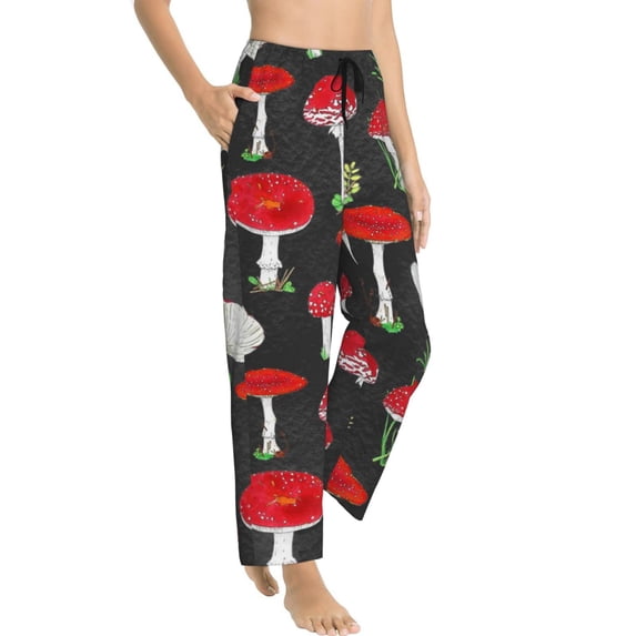 Goofa Red Mushrooms Printed Soft Pajama Pants for Women, Wide Leg Comfy Casual Lounge Yoga Pants-Small