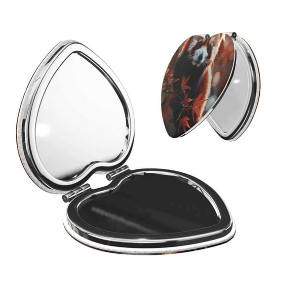 Goofa Red Panda Autumn Branches Pattern Pocket Mirror, Portable Makeup Mirror,Travel Makeup Mirror,Dual-Sided Compact Mirror,Gift Makeup Mirror-Heart Shape